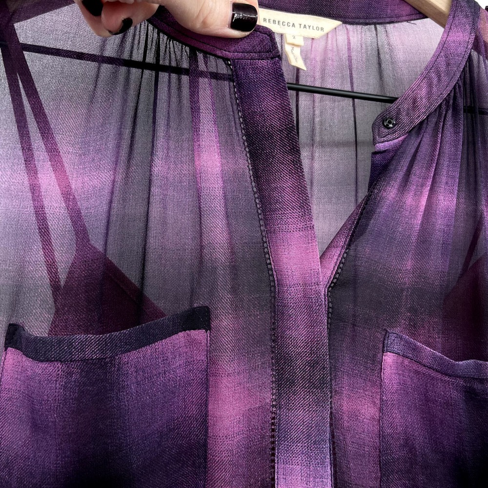 Rebecca Taylor Long Sleeve Plaid Ruffle Dress in Berry Size 2 Purple Black Sheer - Picture 10 of 16